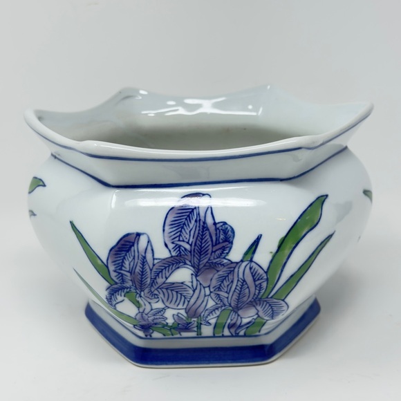 Vintage Blue & White Ceramic Iris Planter AAA Imports Hexagon